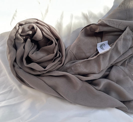 Gray modal hijab crafted from soft, breathable fabric by Zoya Z, designed for secure non-slip comfort and modest everyday styling.