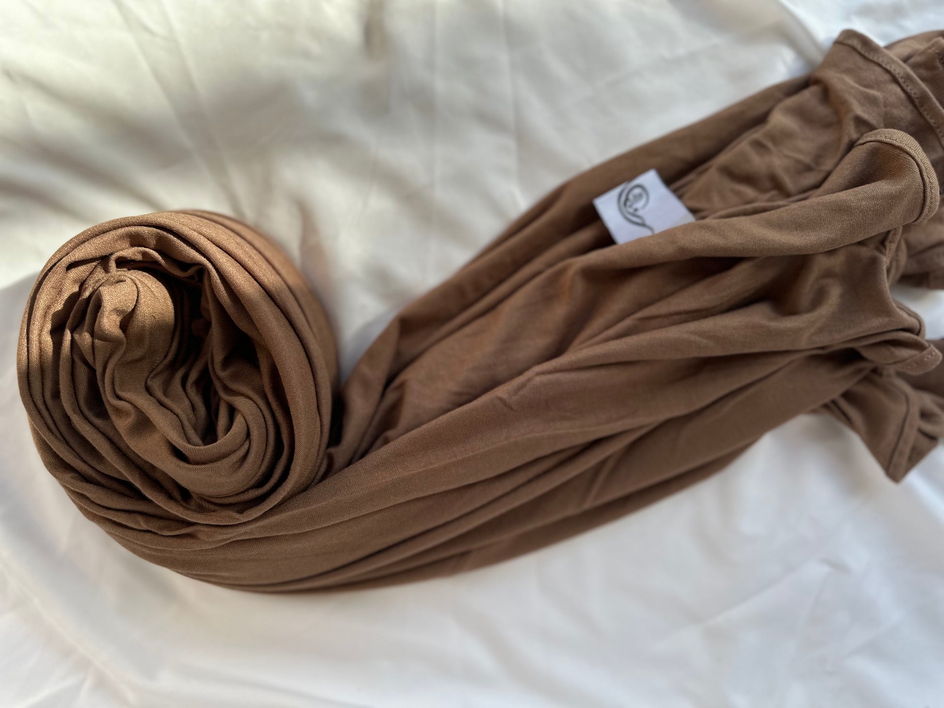 Tan jersey hijab soft breathable lightweight stretch non-slip long scarf for Muslim women modest headscarf for everyday wear prayer work neutral beige hijab, Two-tone draped hijab - trendy modest fashion for hijabis