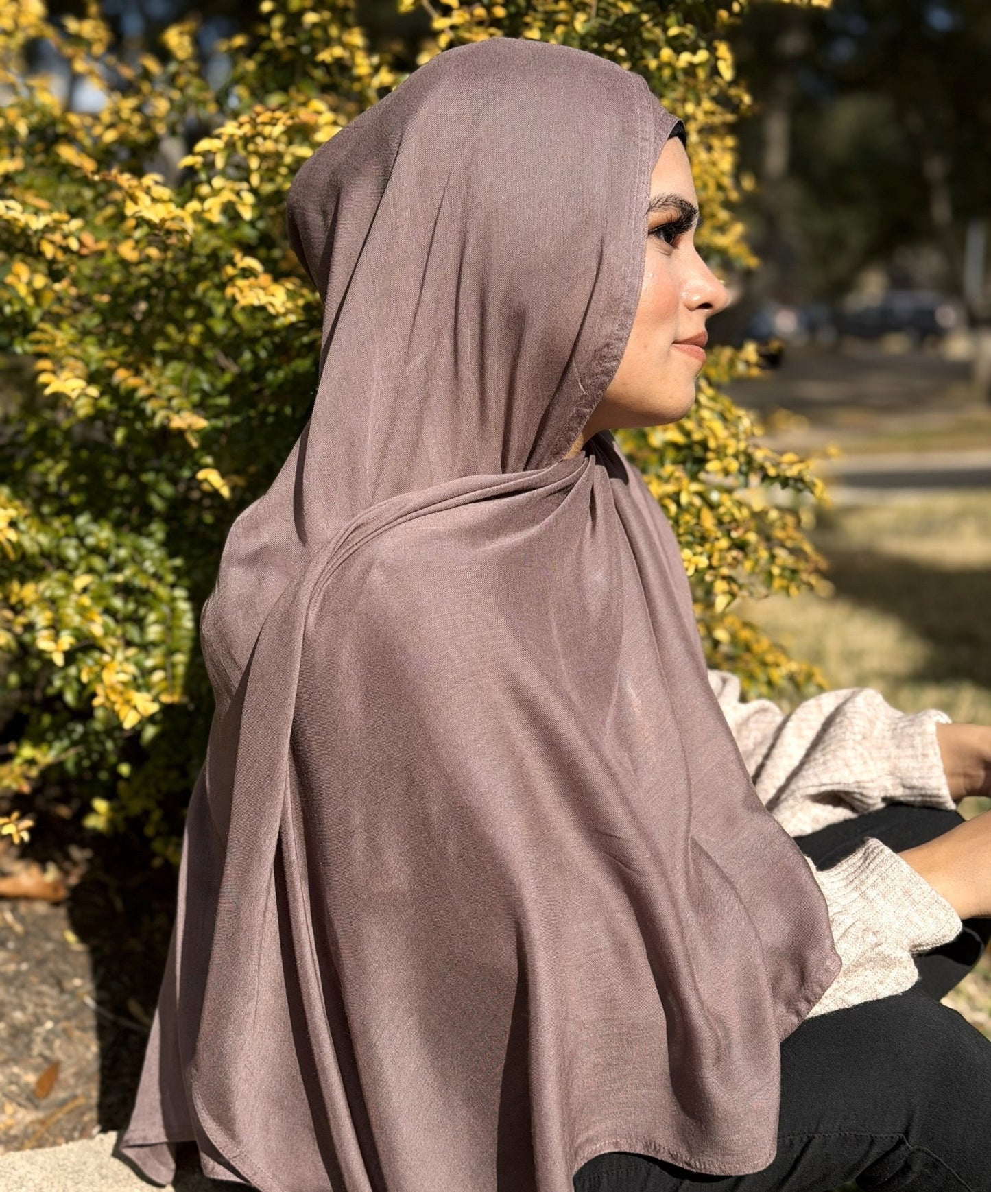 Breathable mushroom modal hijab with smooth drape and lightweight feel, styled simply for everyday comfort
