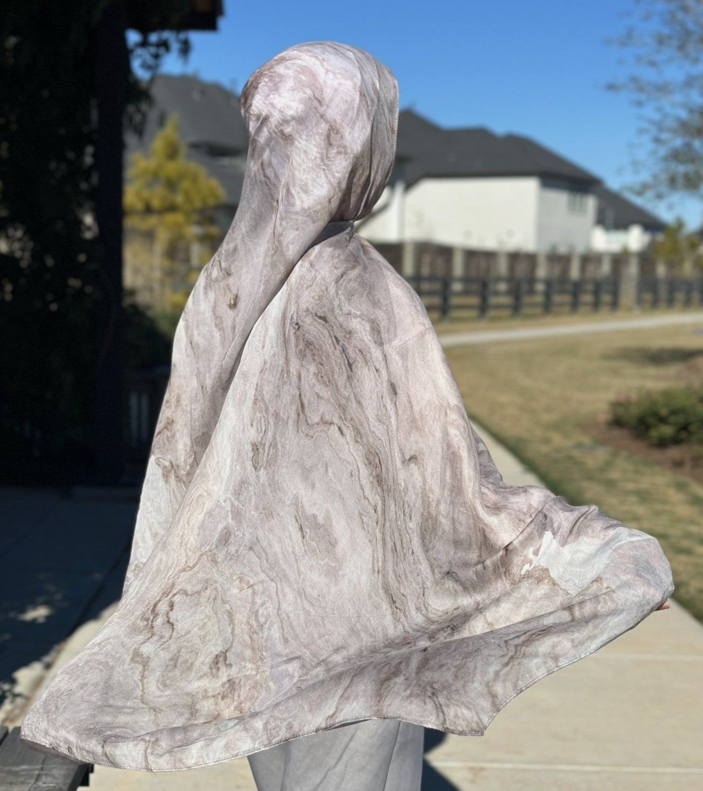 Marble Mist Printed Modal Hijab styled for everyday wear with elegant neutral design