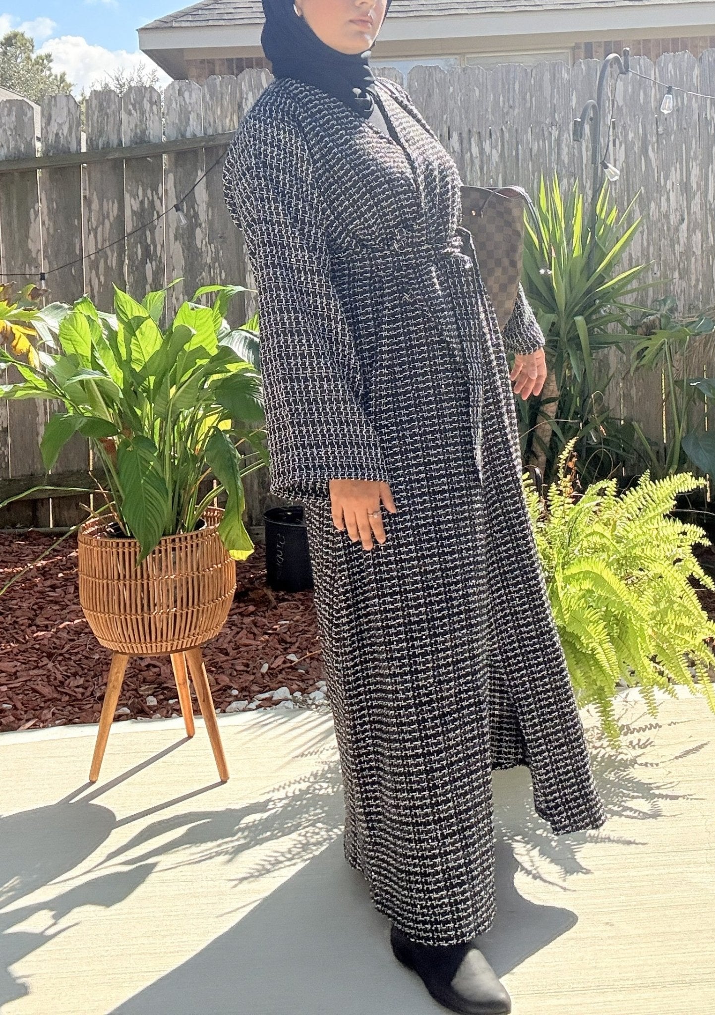 Amira Tweed Abaya Coat Set styled for formal modest wear with classic neutral tones