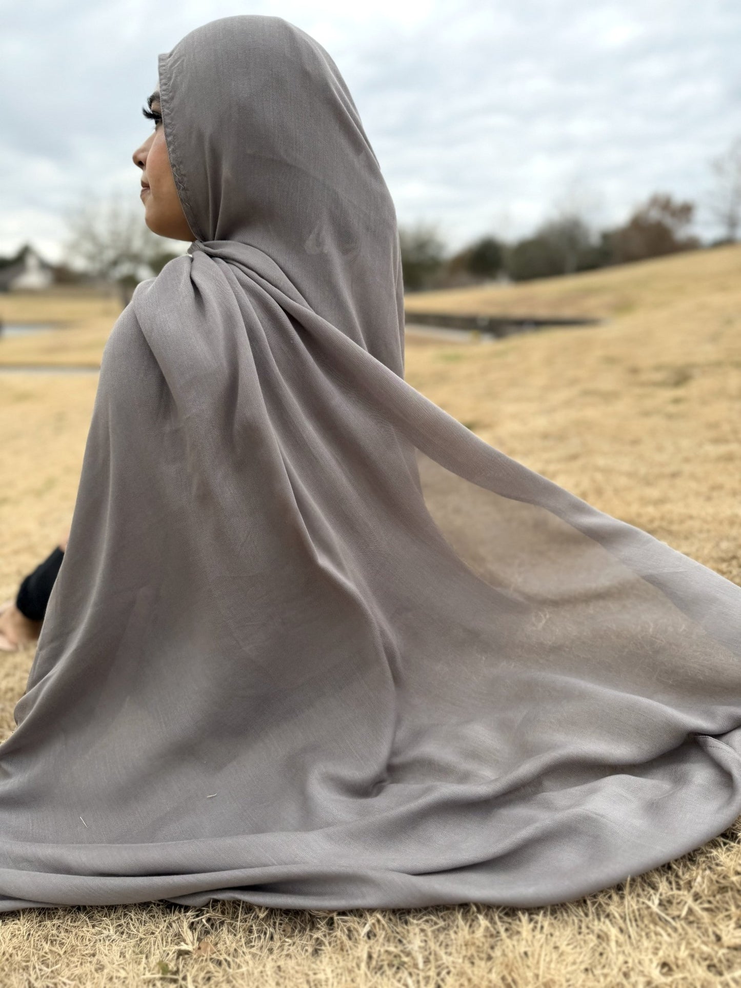 Lightweight gray modal hijab with elegant flow and breathable texture, non-slip fabric styled for everyday use