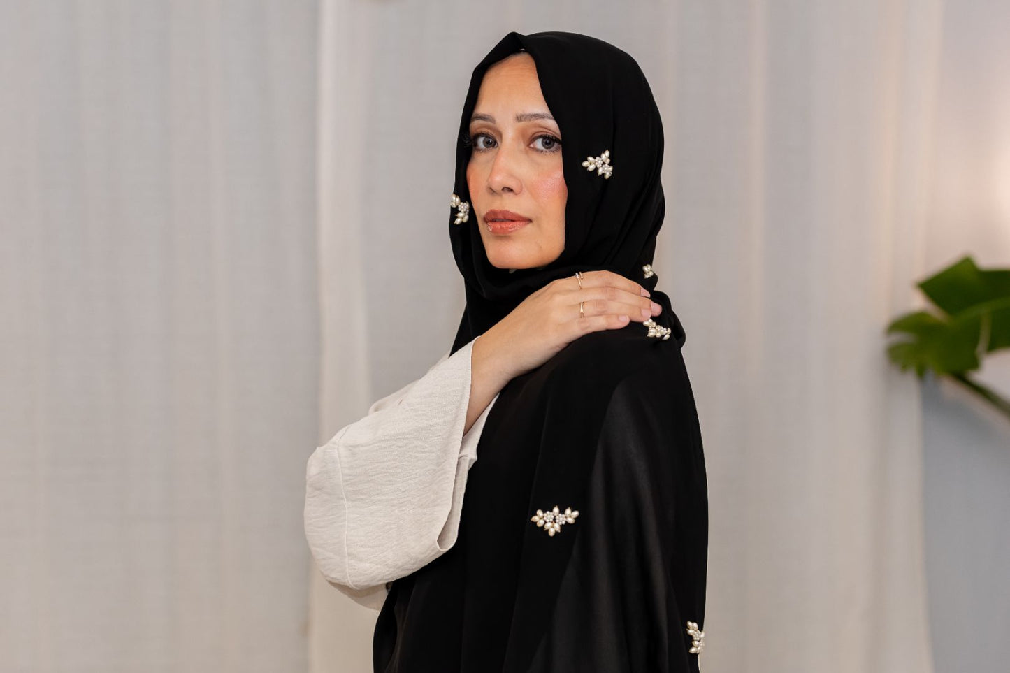Black Chiffon Hijab with Pearl Embellishments – Elegant Lightweight Modest Wear by Zoya Z
