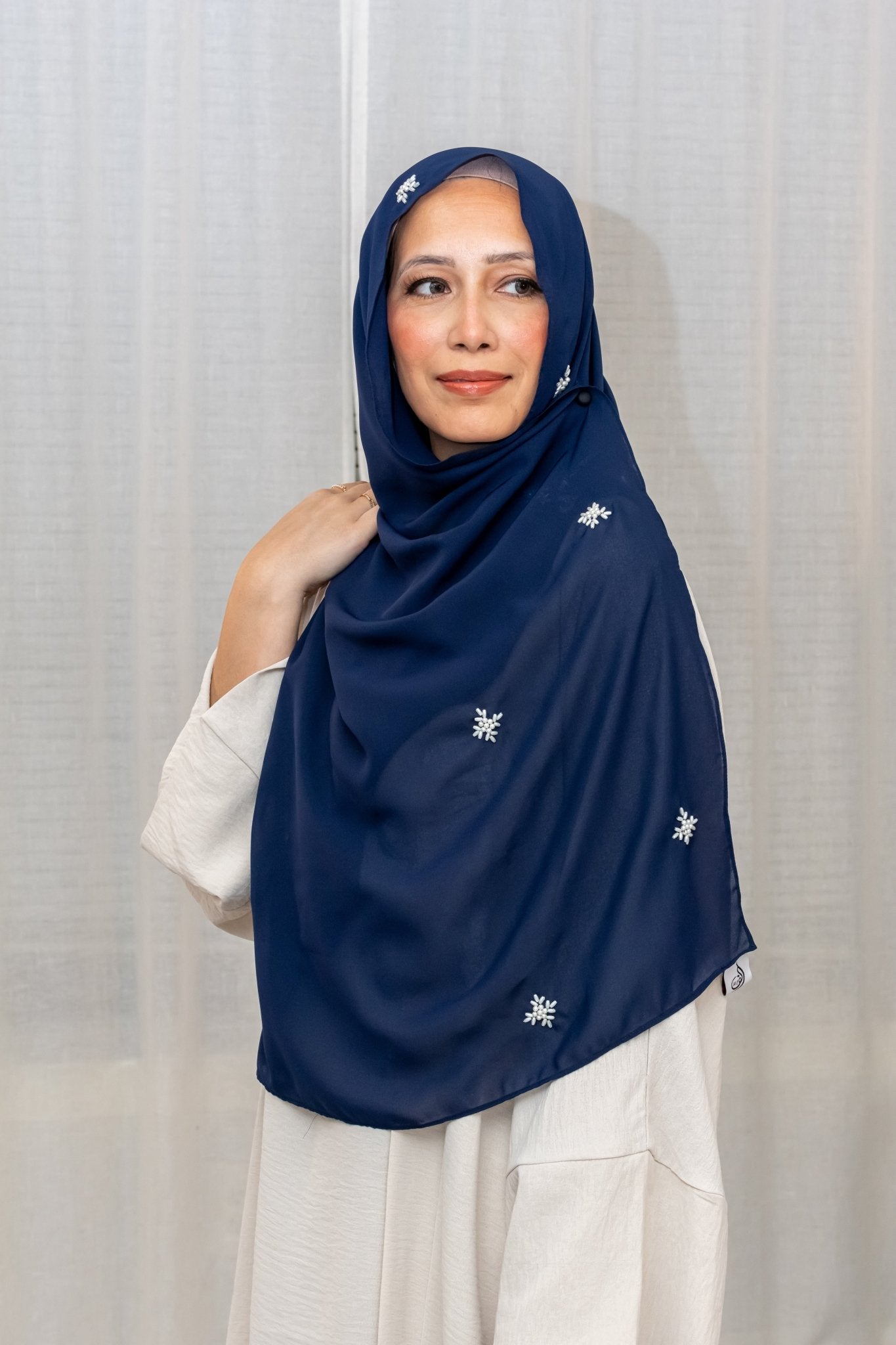 Orchid Blue Chiffon Hijab with White Pearl Embellishments – Elegant Modest Styling by Zoya Z