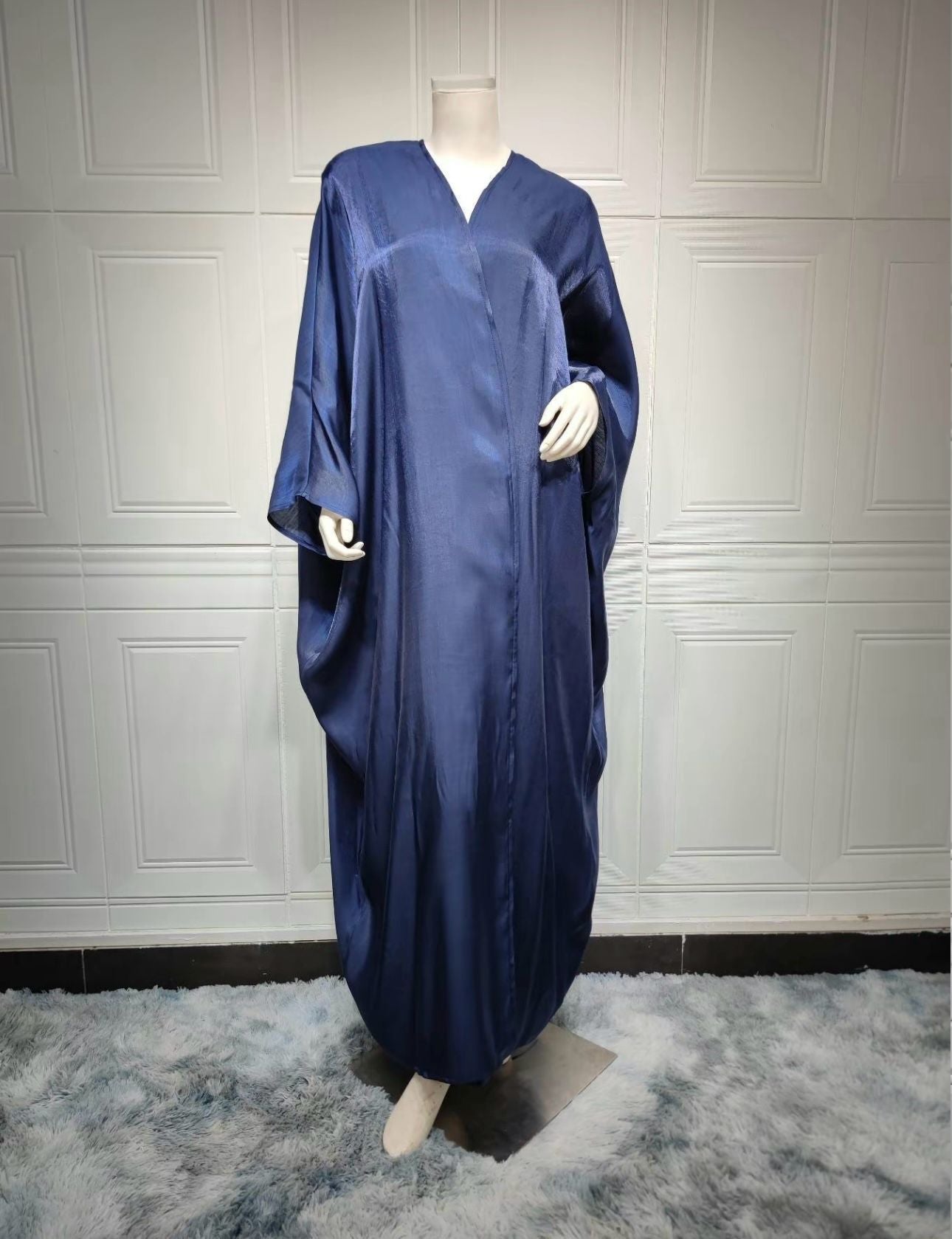 Nela Satin Abaya – kimono style blue abaya with belt by Zoya Z