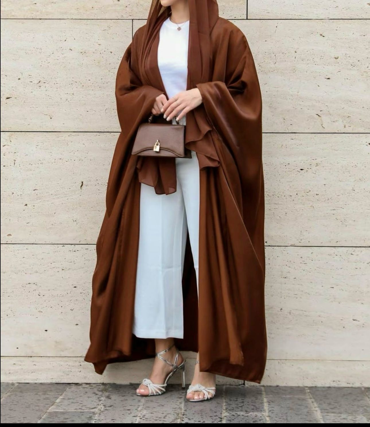Nela Satin Abaya – kimono style brown abaya with belt by Zoya Z