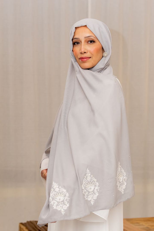 Grey Chiffon Hijab with Pearls – Elegant Lightweight Scarf by Zoya Z