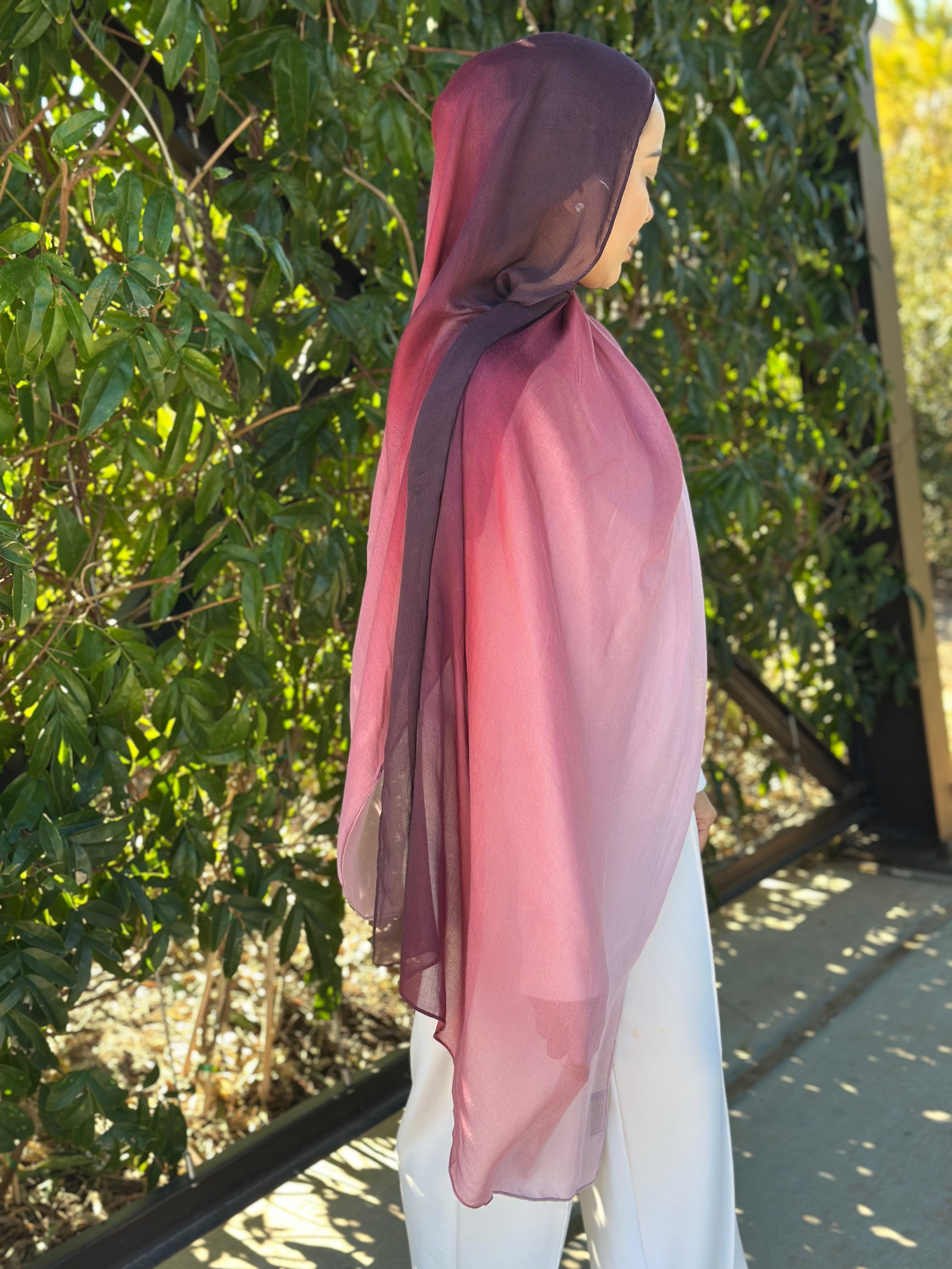 Model wearing Blushberry Ombre Modal Hijab with elegant ombre tones and smooth drape