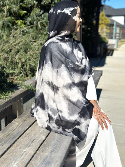 Black Ash Watercolor Modal Hijab featuring abstract black and ash tones in lightweight modal fabric