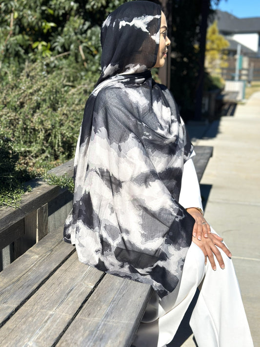 Black Ash Watercolor Modal Hijab featuring abstract black and ash tones in lightweight modal fabric