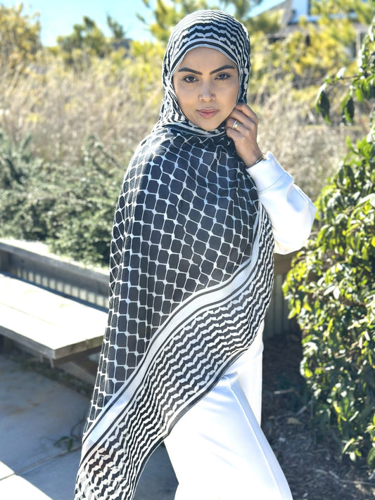 Black Keffiyeh Hijab featuring an iconic black and white heritage pattern in lightweight modal fabric