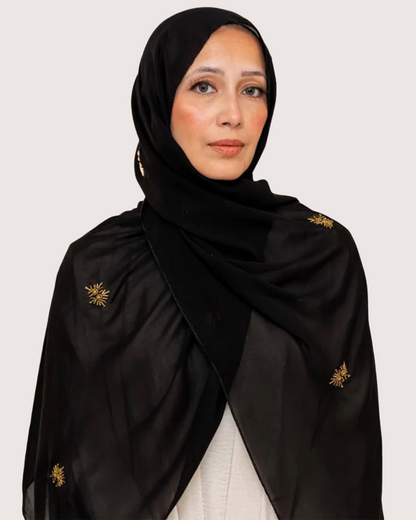 Black Chiffon with Gold Bead Embroidery