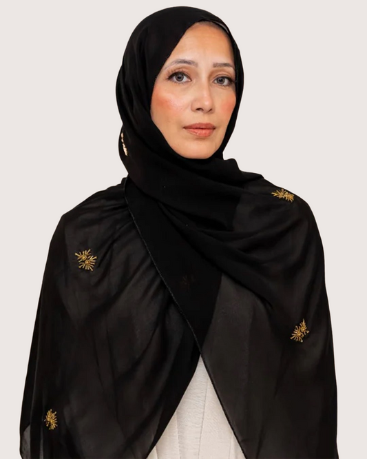 Black Chiffon with Gold Bead Embroidery