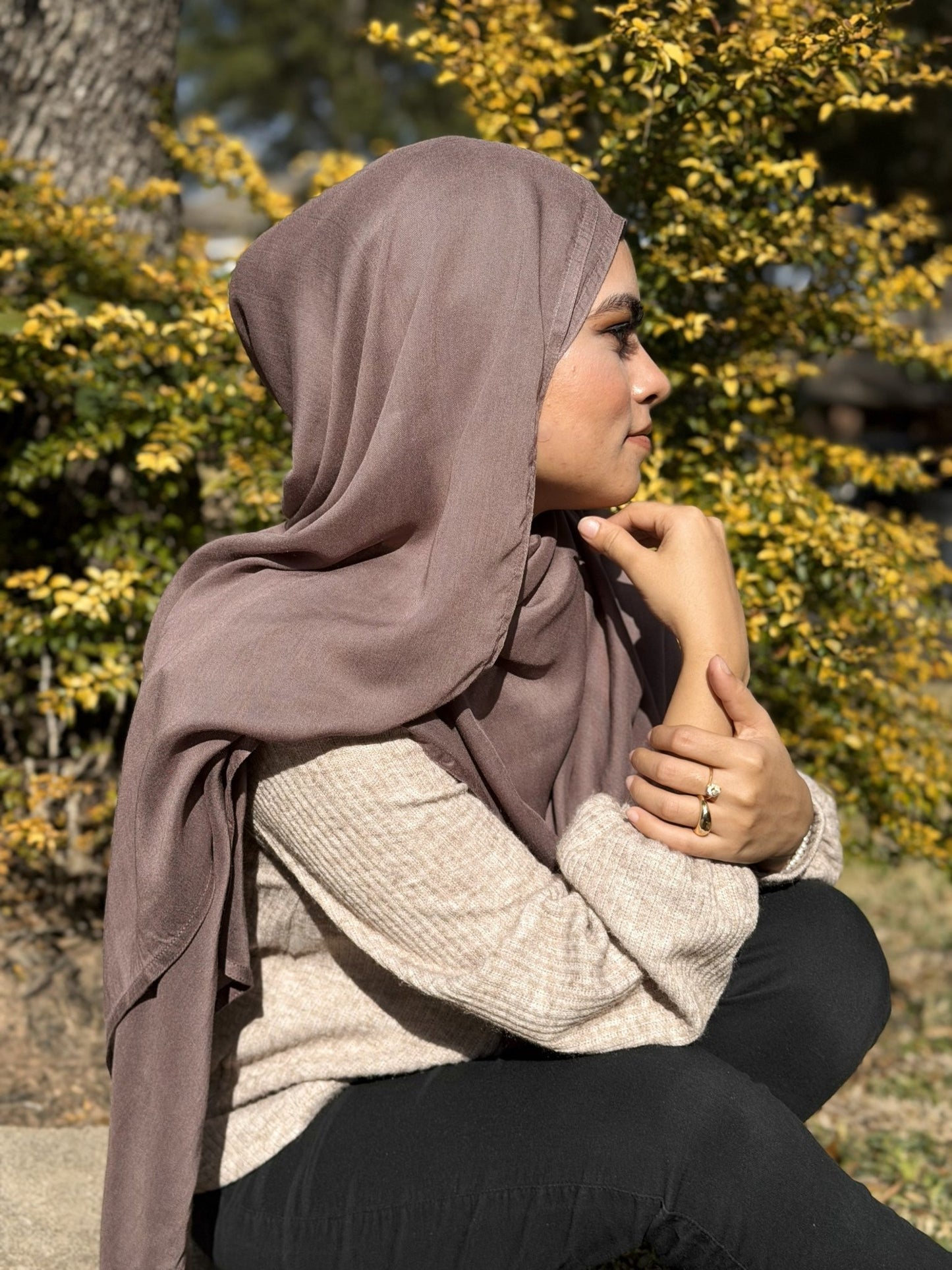 Mushroom modal hijab showcasing soft, fluid fabric and airy feel, perfect for relaxed everyday modest styling