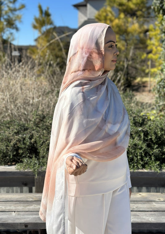Model wearing Dahlia Modal Hijab with elegant drape and floral-inspired design