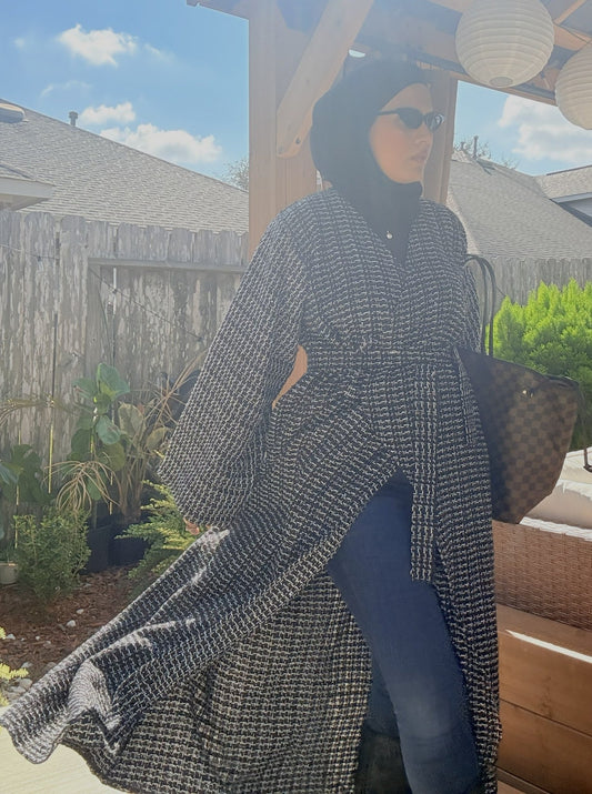 Close-up of tweed fabric on Amira Tweed Abaya Coat Set showing texture and detailing