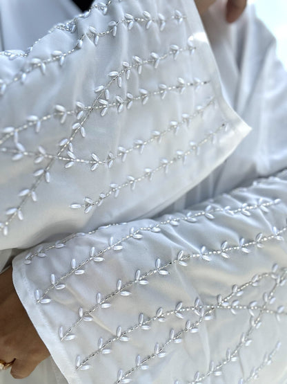 White nida abaya with pearl-embellished sleeves and chiffon hijab | Zoya Z