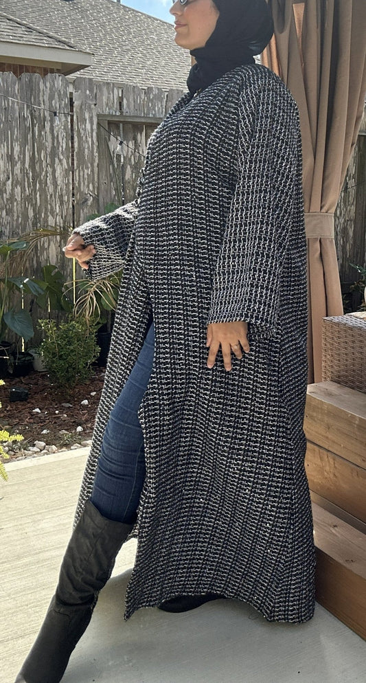 Amira Tweed Abaya Coat Set worn as a complete two-piece outfit with structured coat and refined modest silhouette