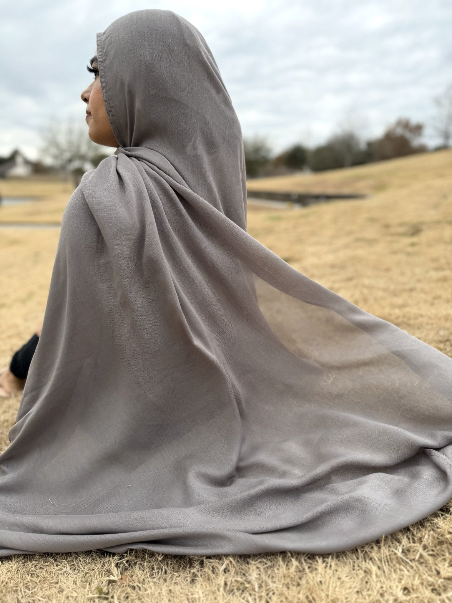 Lightweight gray modal hijab with elegant flow and breathable texture, non-slip fabric styled for everyday use