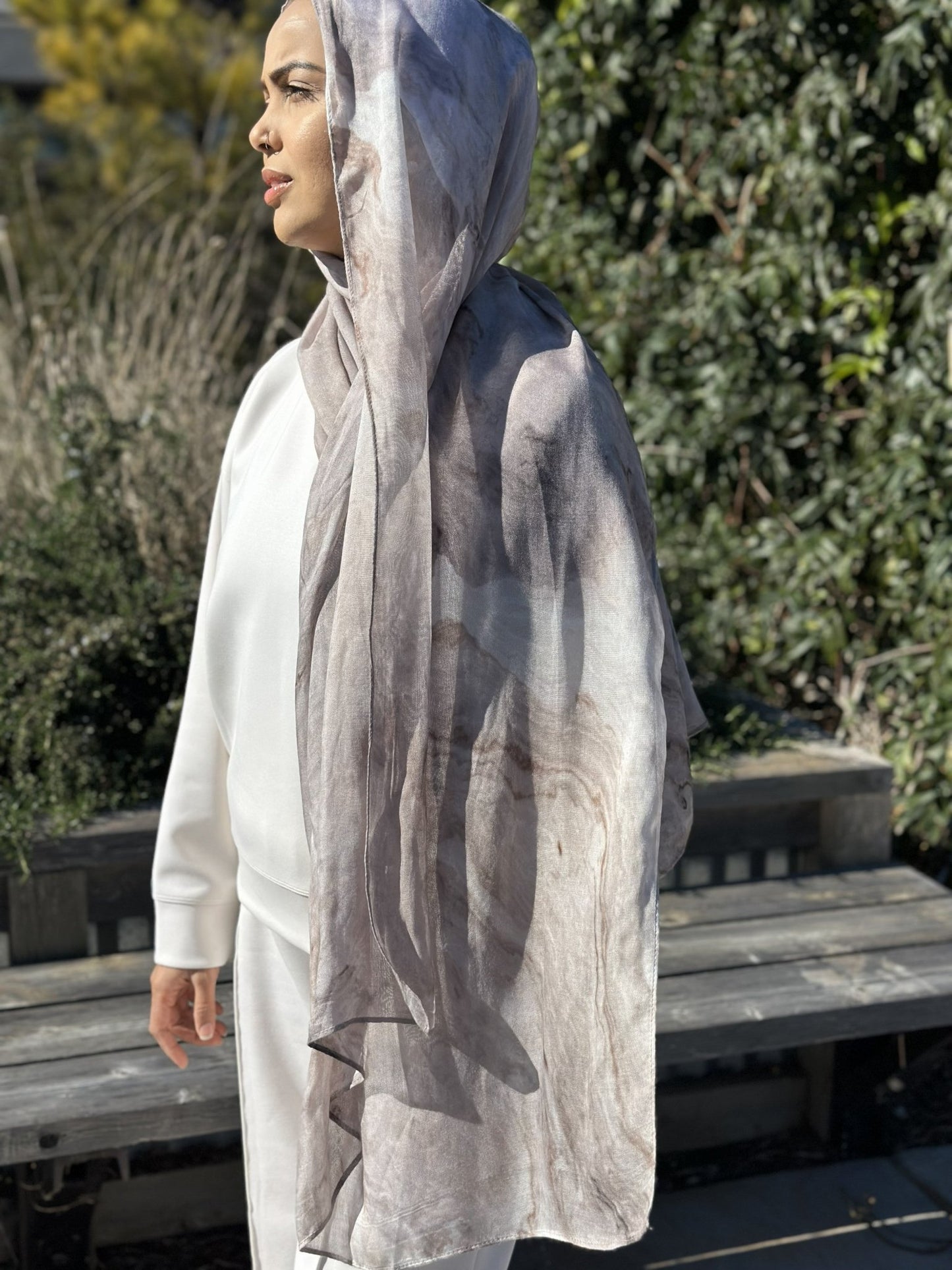 Model wearing Marble Mist Printed Modal Hijab with neutral print and smooth flowing drape
