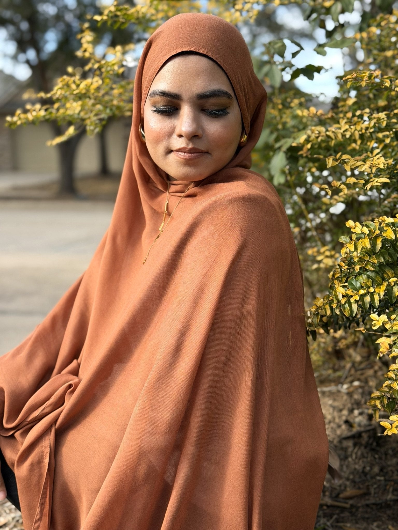 Burnt modal hijab featuring fluid drape and soft finish, lightweight and breathable for daily modest wear