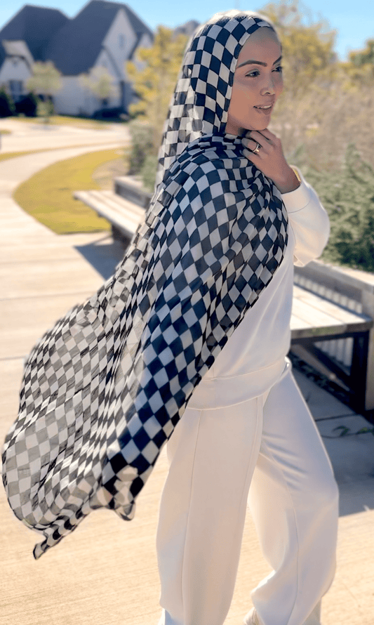 Checkered Modal Hijab featuring soft breathable modal fabric with a timeless checkered pattern