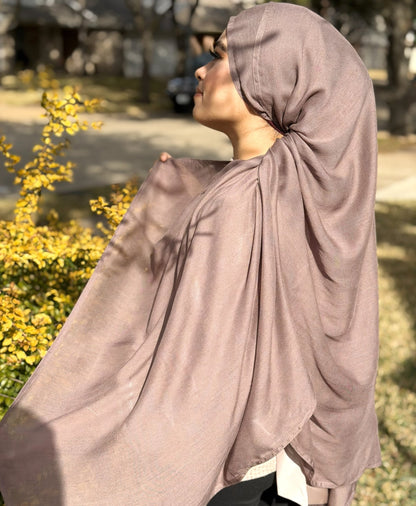 Soft mushroom modal hijab featuring airy, lightweight fabric and smooth drape for comfortable everyday styling