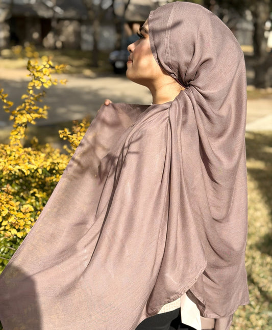 Soft mushroom modal hijab featuring airy, lightweight fabric and smooth drape for comfortable everyday styling