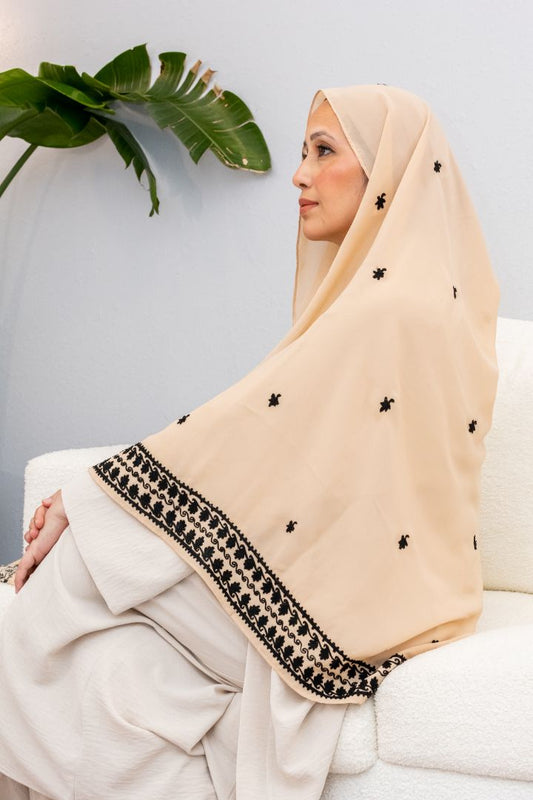 Beige Chiffon Hijab with Black Embroidery – Elegant Lightweight Modest Wear by Zoya Z