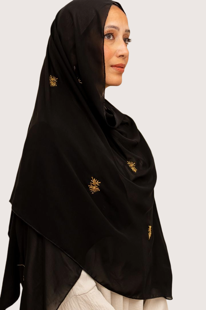 Black Chiffon with Gold Bead Embroidery