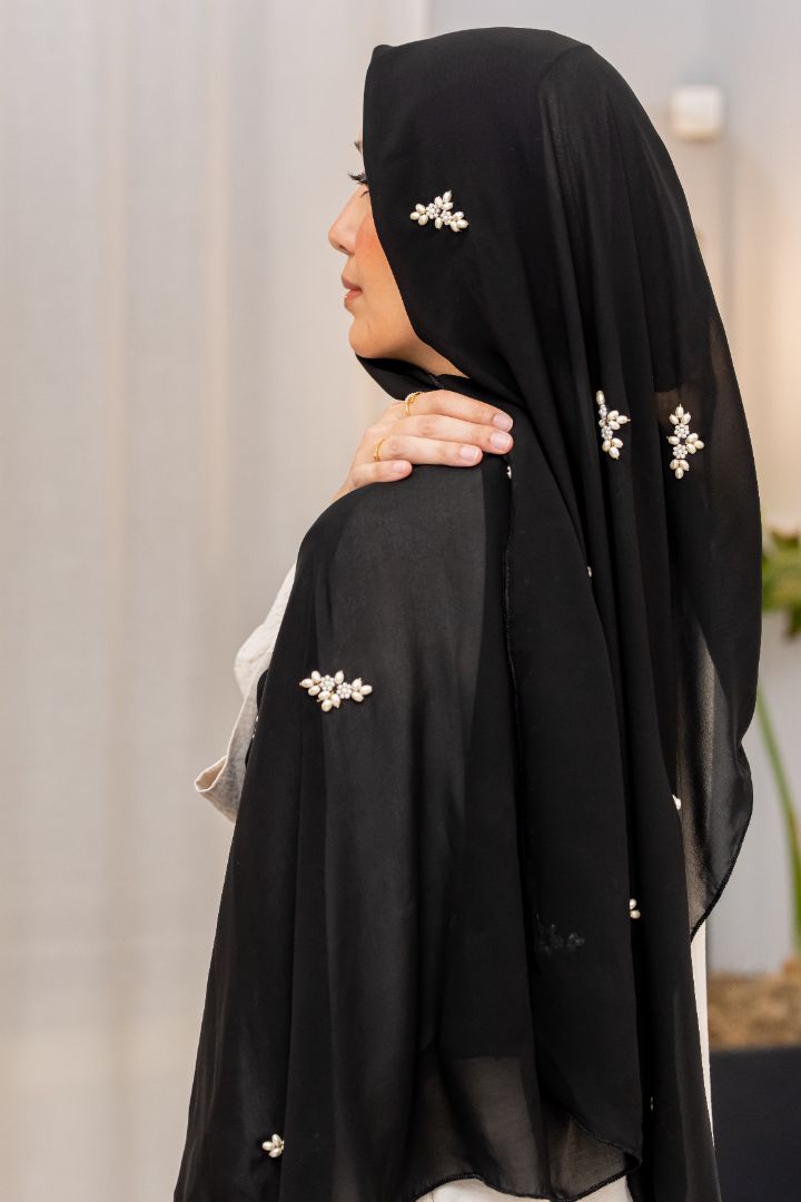 Black Chiffon Hijab with Pearl Embellishments – Elegant Lightweight Modest Wear by Zoya Z