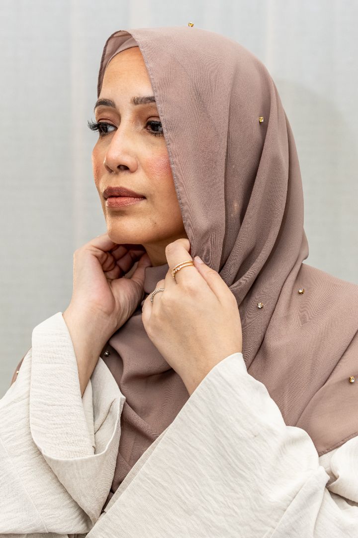 Taupe Chiffon Hijab with Studs – Elegant Lightweight Modest Wear by Zoya Z