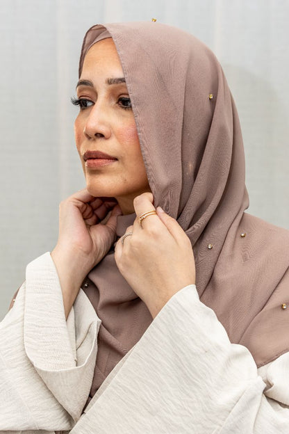 Taupe Chiffon Hijab with Studs – Elegant Lightweight Modest Wear by Zoya Z