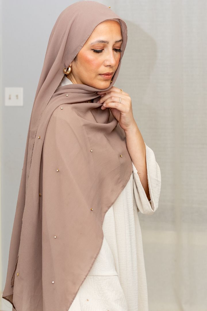 Taupe Chiffon Hijab with Studs – Elegant Lightweight Modest Wear by Zoya Z