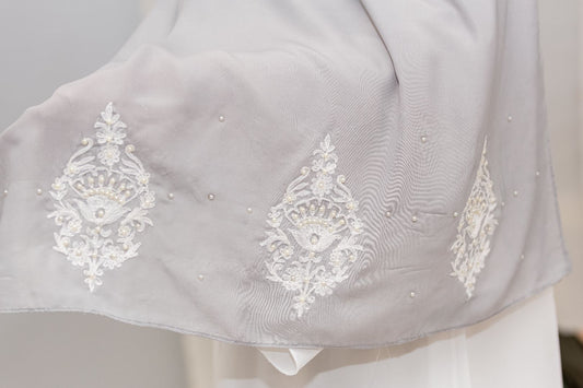 Grey Chiffon Hijab with Pearls – Elegant Lightweight Scarf by Zoya Z