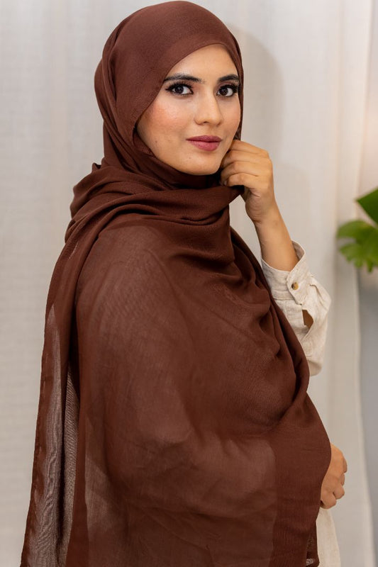 Lightweight mocha brown modal hijab featuring smooth, airy fabric and graceful flow for comfortable daily styling