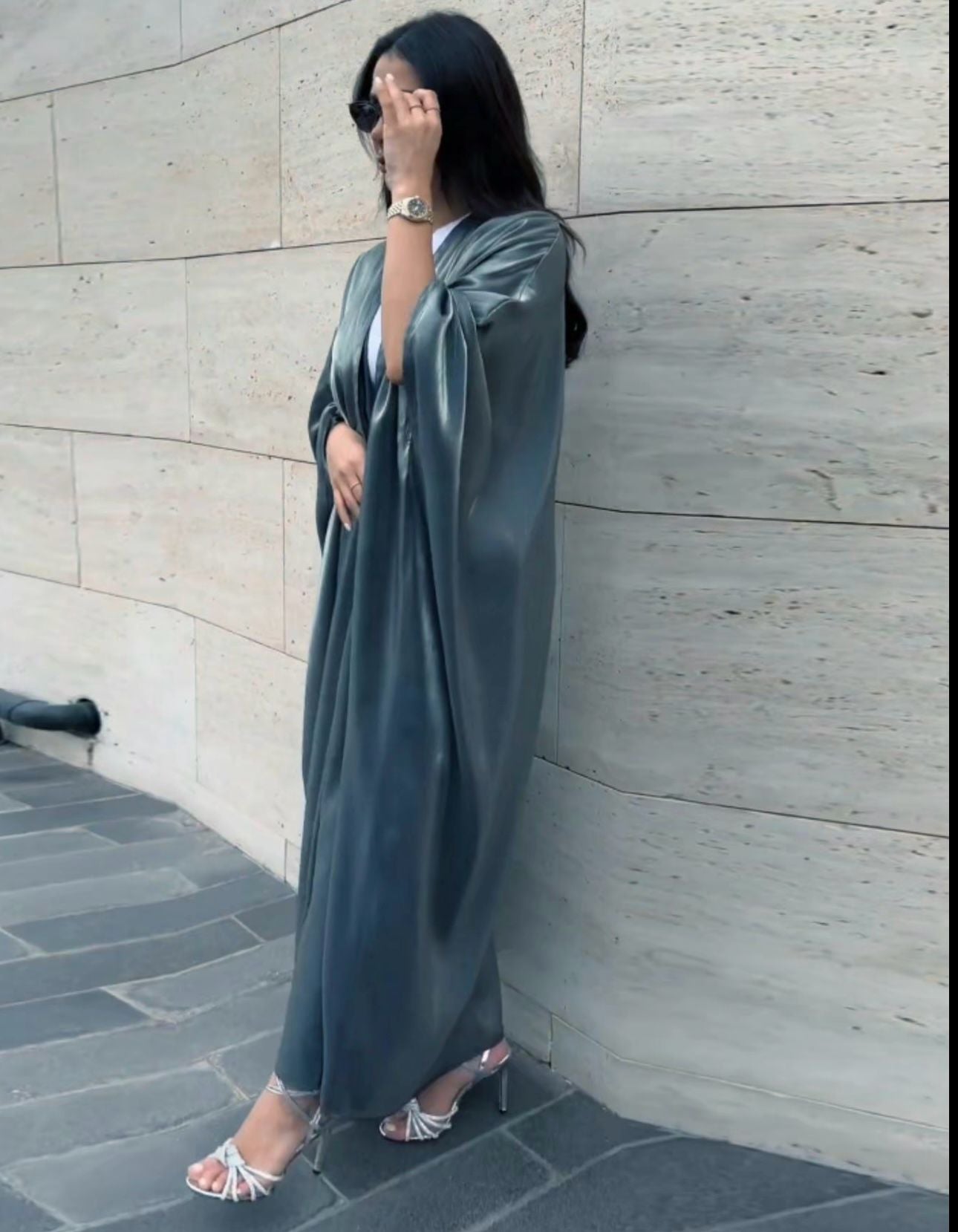 Nela Satin Abaya – kimono style teal abaya with belt by Zoya Z